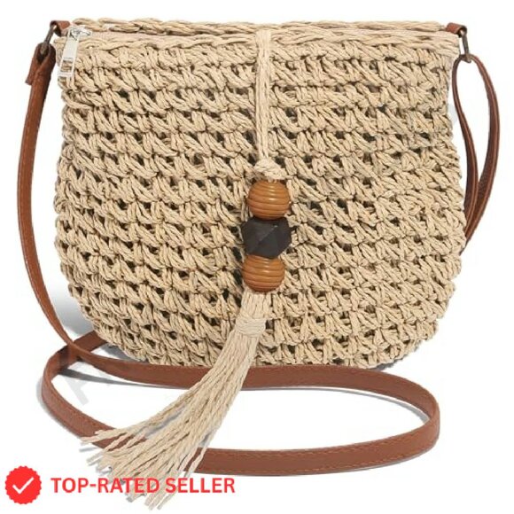 Handwoven Straw Crossbody Bag Boho Chic Summer Beach Purse with Tassels - Picture 2 of 8